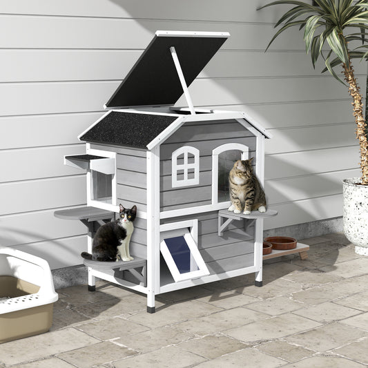 PawHut 2-story Cat House Outdoor, Weatherproof Wooden Cat Enclosure with Escape Door, Openable Roof, Jumping Platforms, Grey