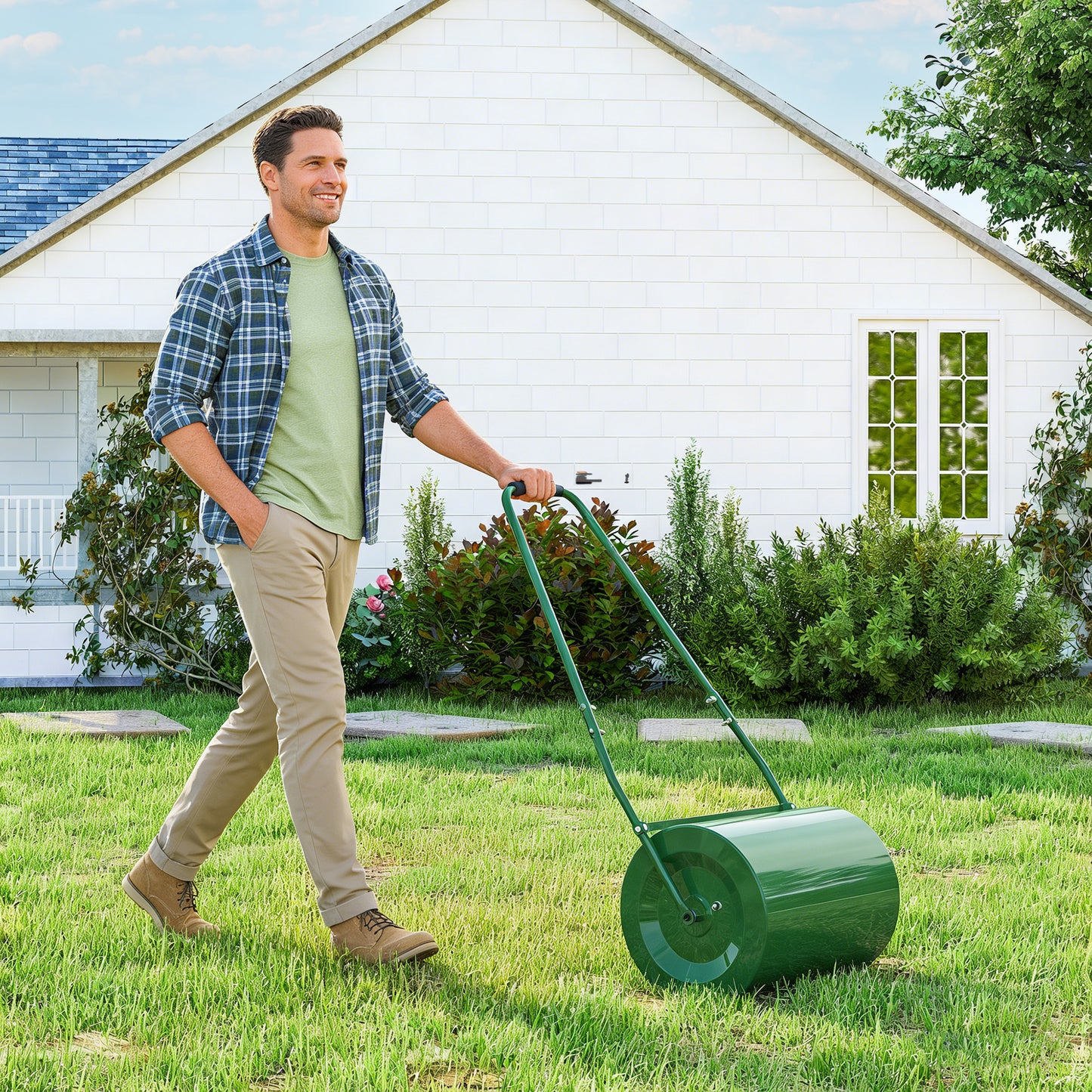 Outsunny 63 L Garden Lawn Roller with Water/Sand Filled Drum, Heavy Duty Steel Lawn Push Rolling Tool for Grass Seeding, Soil Levelling, Dark Green
