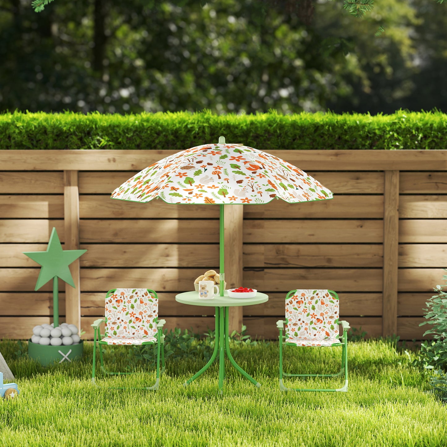 AIYAPLAY 4-Piece Kids Garden Table and Chair Set with Adjustable Parasol, Folding Chairs, Table, Nature Pattern, Green