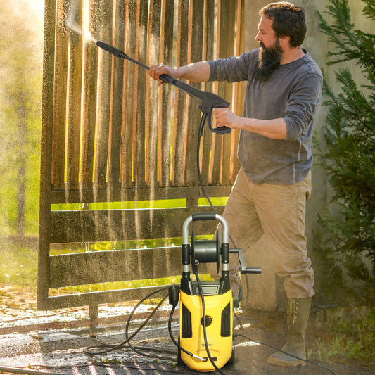 Outsunny 1800W High Pressure Washer, 150 Bar Pressure, 420 L/h Flow, Portable Power Washer Jet Wash Cleaner with Adjustable Nozzle, 6M Hose, Hose Reel, Steel Handle for Home Patio Car Driveway, Yellow
