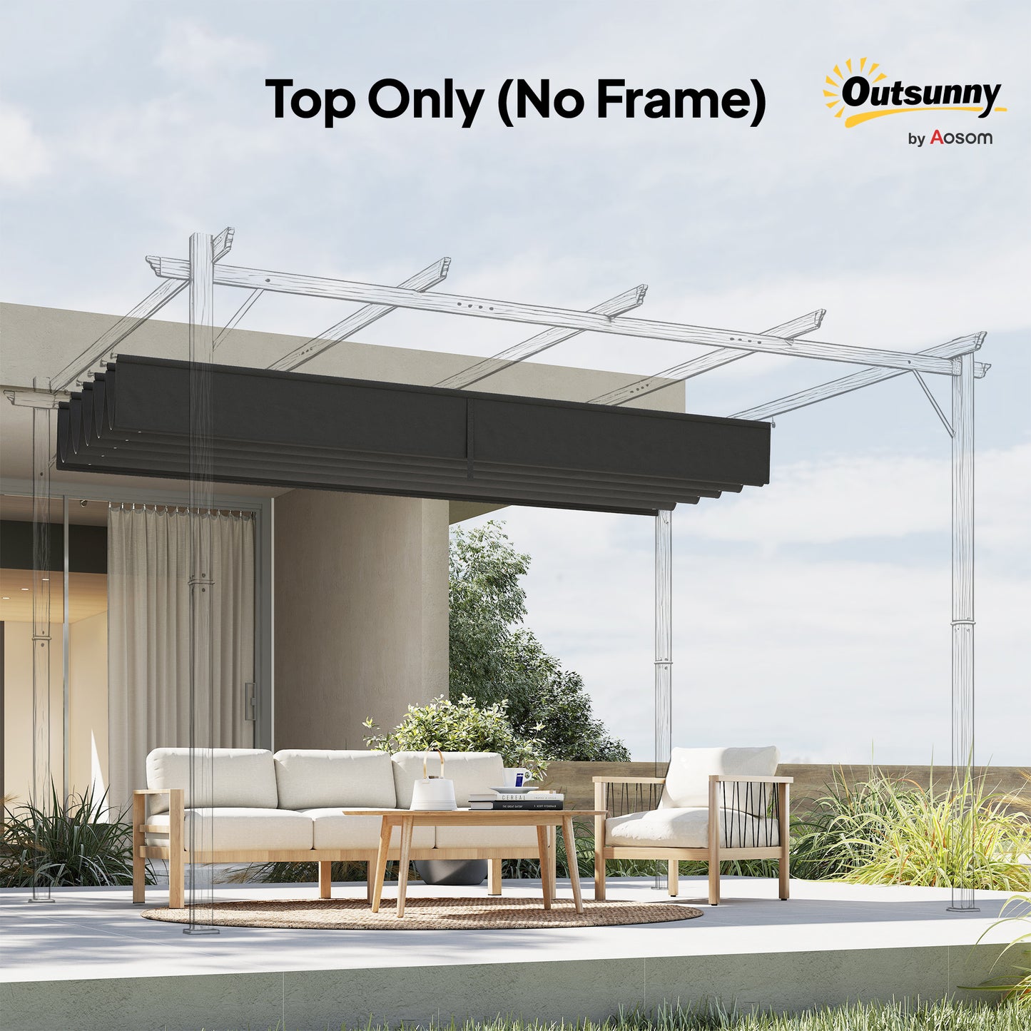 Outsunny Retractable Pergola Cover, 3.5 x 2.6 m Replacement Canopy Fabric for 4 x 3 m Frame, Roof Top Only, Dark Grey