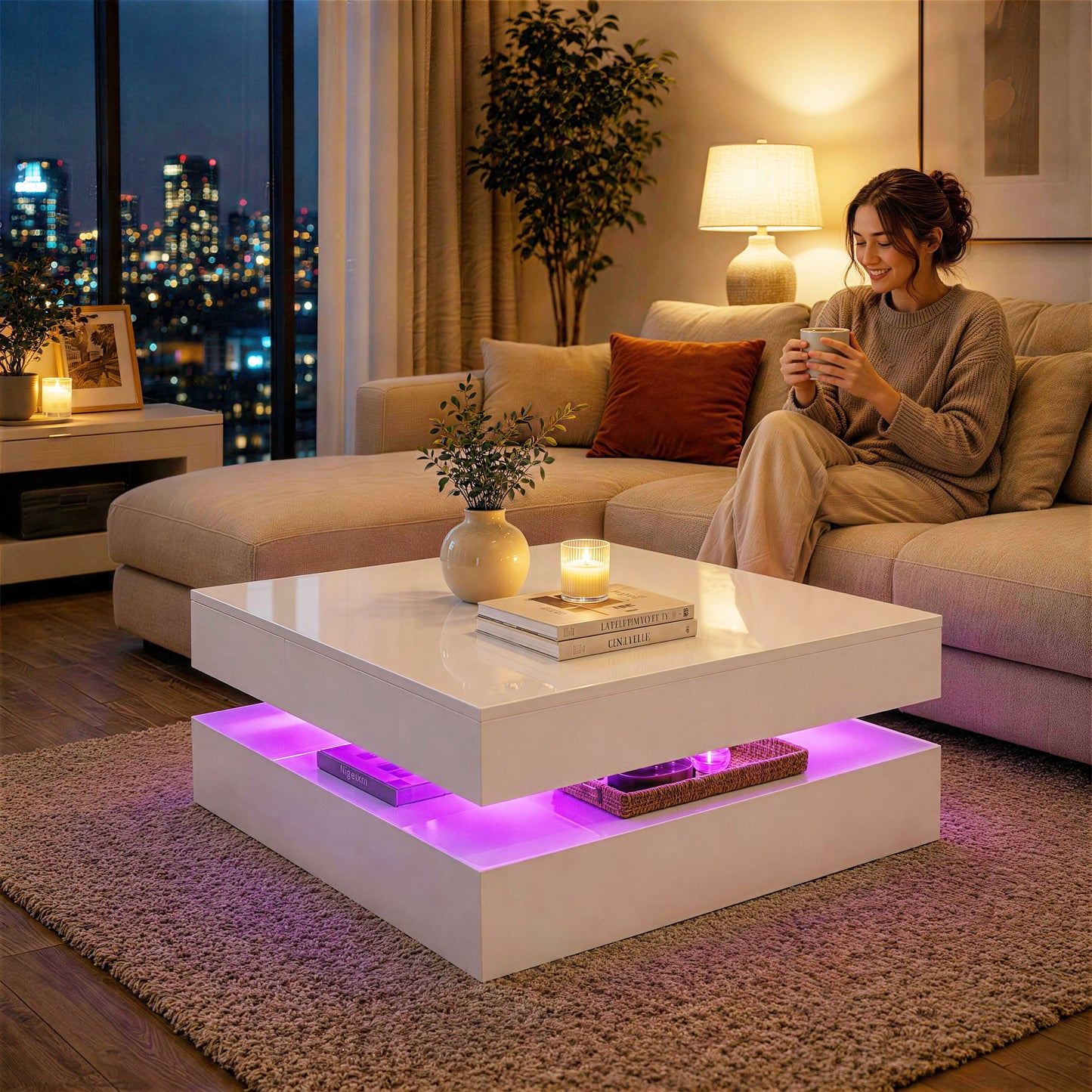 HOMCOM LED Coffee Table with Storage, 2-Tier Modern Centre Table with Open Shelf and Remote for Living Room, High Gloss White