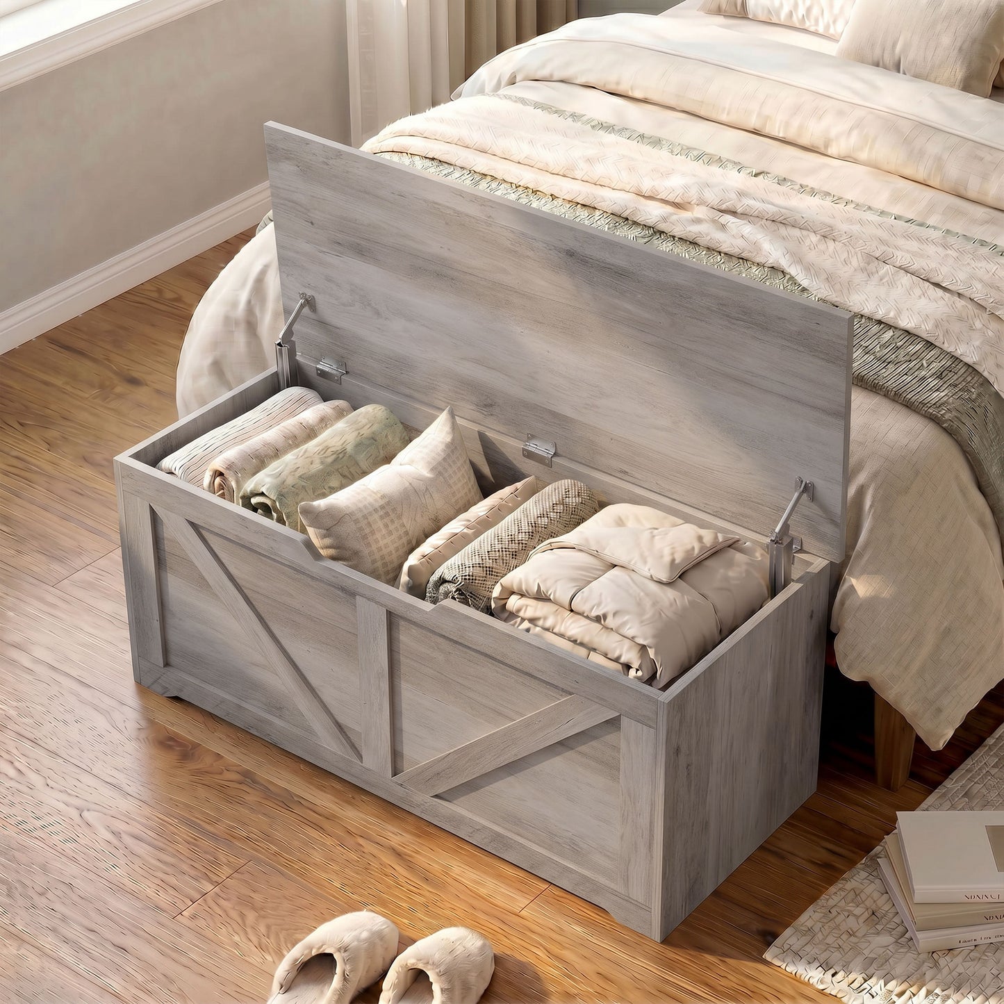 HOMCOM 127L Home Storage Box, with Safety Hinges - Grey Wood-Effect