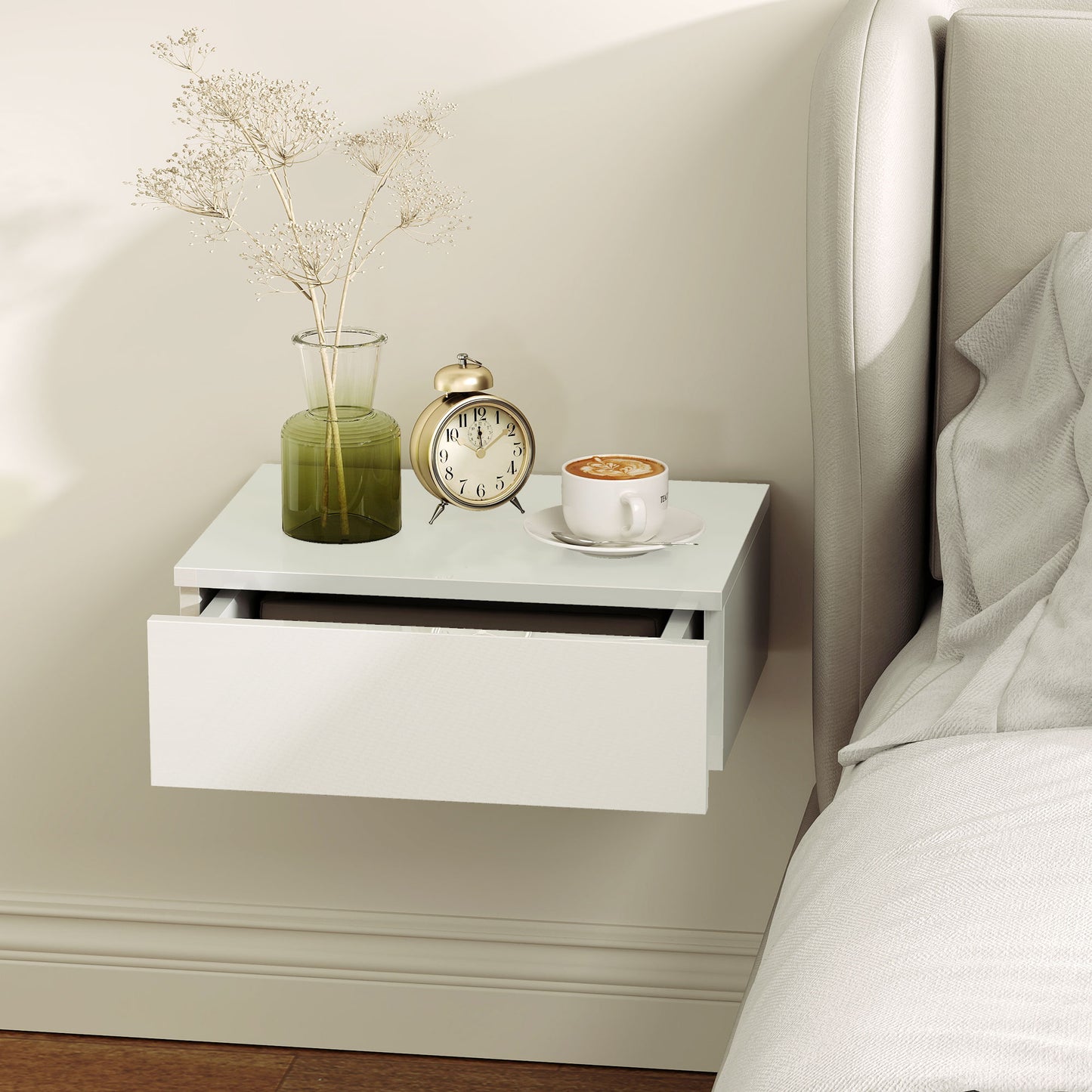HOMCOM Floating Bedside Table Set of 2, Wall-Mounted Nightstand with High Gloss Finish & Storage Drawer, White