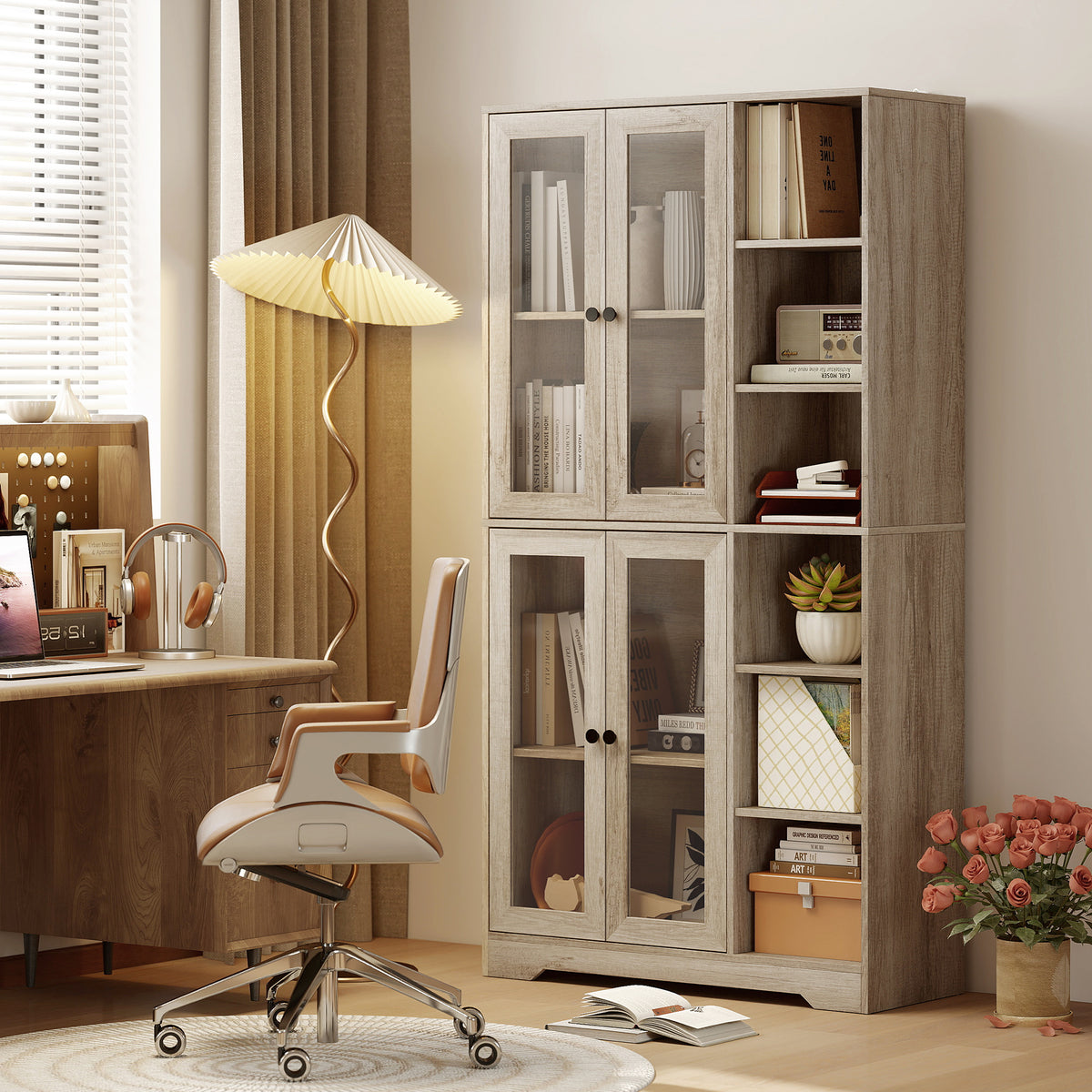 HOMCOM Multi-Storage Kitchen Cabinet, with Glass Doors - Grey Wood-Effect