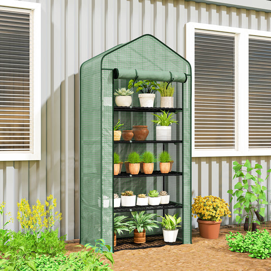 Outsunny 5 Tier Widened Mini Greenhouse with Reinforced PE Cover, Portable Indoor Outdoor Green House with Roll-up Door and Wire Shelves, 90 x 49 x 193cm, Green