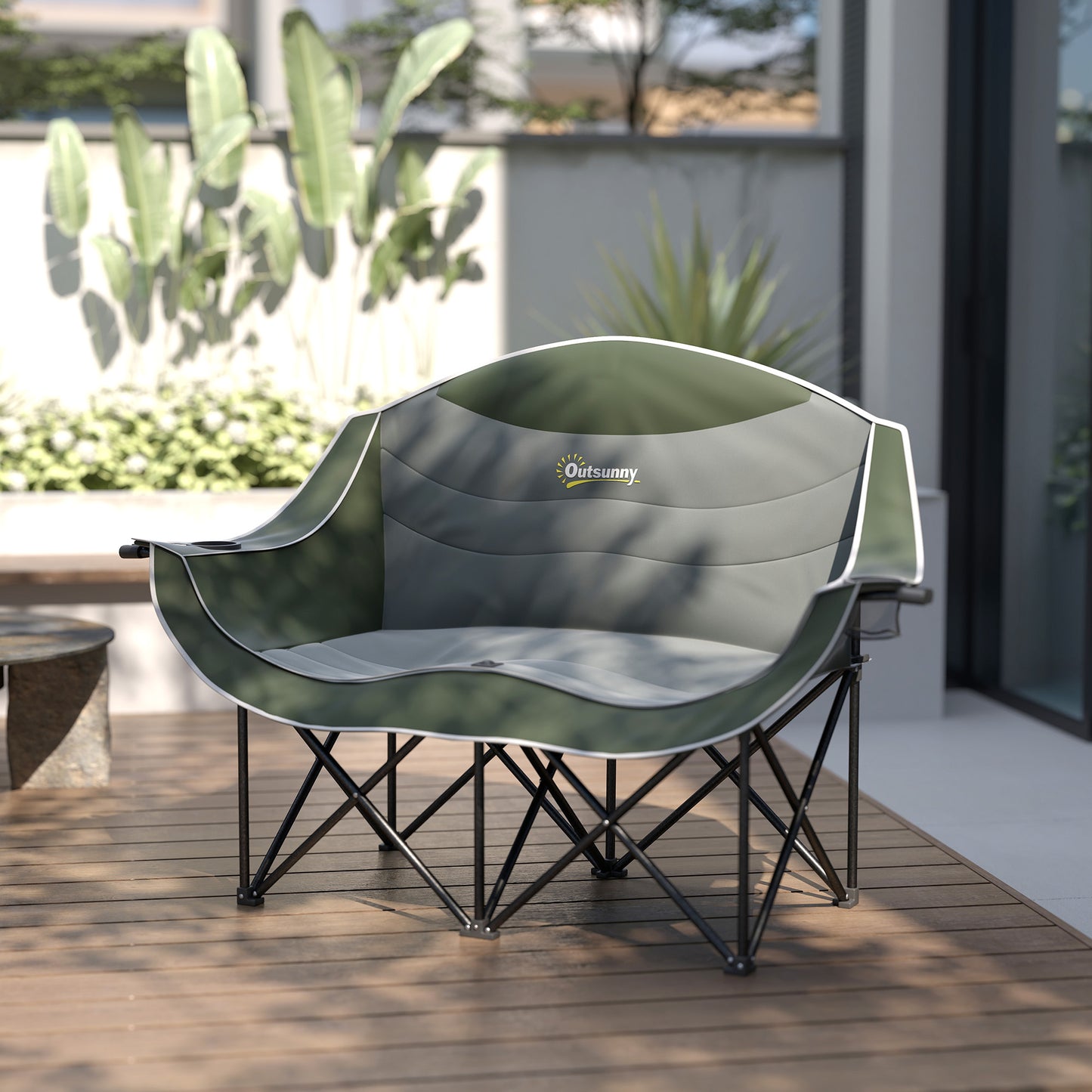 Outsunny Double Camping Chair for Adults with Armrests, Heavy Duty Oversized Padded Folding Chair with Carry Bag, Cup Holders for Outdoor Hiking Picnic Camping Fishing, 250kg Capacity, Green