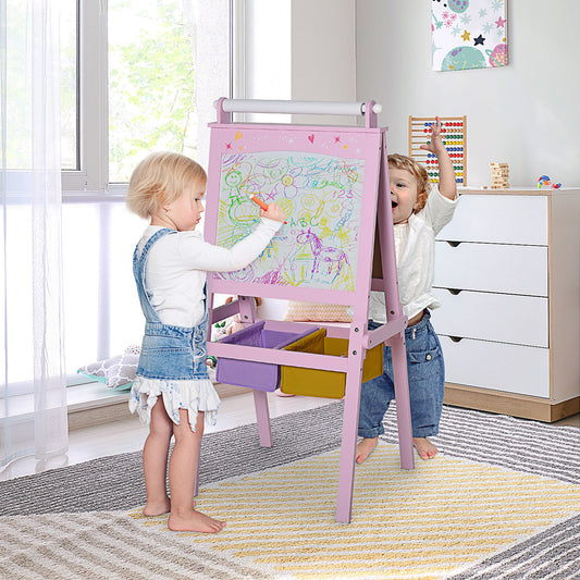 HOMCOM Kids Easel 3 in 1 Wooden Art Easel with Paper Roll Double-Sided Chalkboard & Whiteboard with Storage Baskets for Toddler Girls, Pink--ChewyGames-ChewyGames