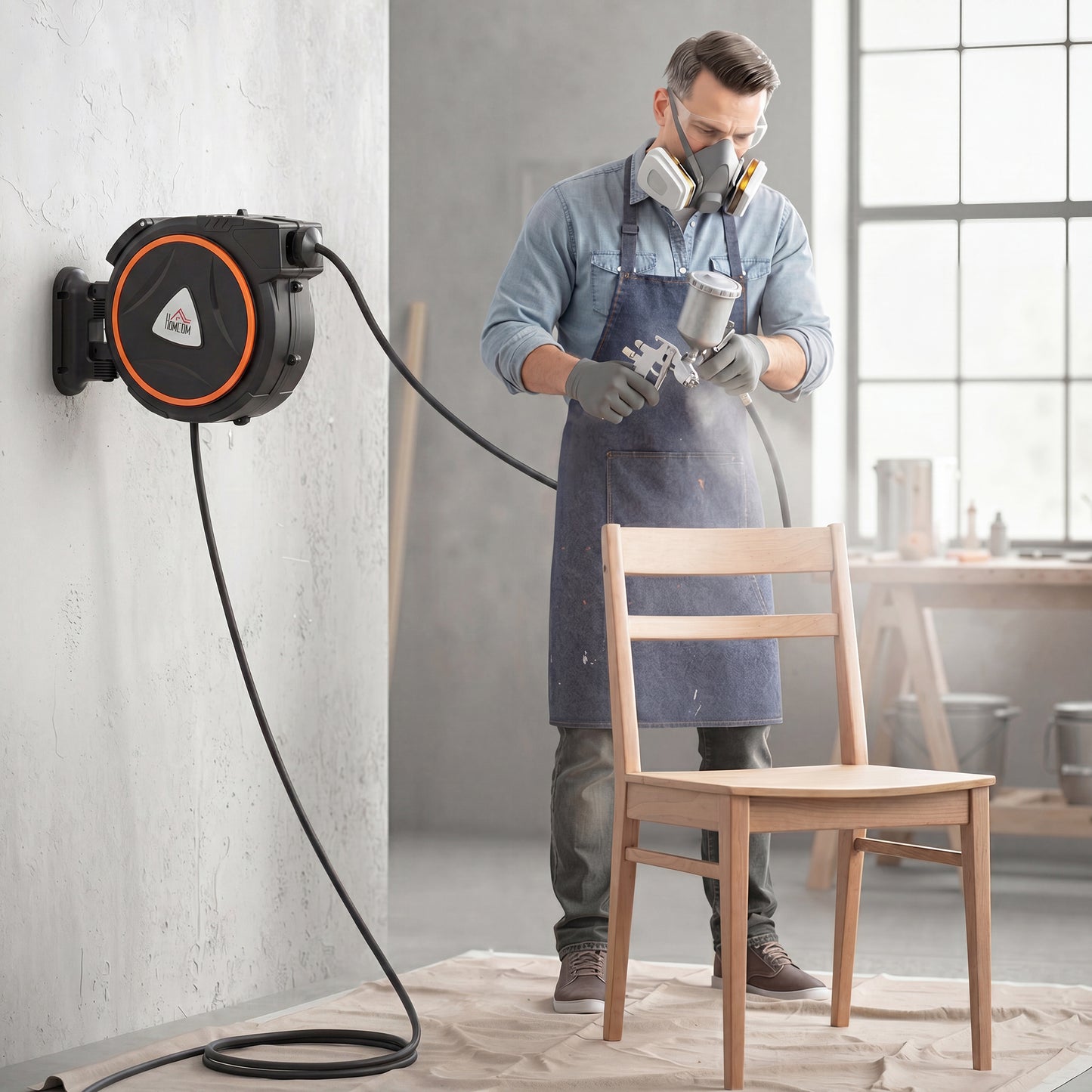 HOMCOM Auto Rewind Hose Reel, Retractable Air Hose Reel 20 m and 2 m, 150 Bar with 1/4" BSPT Connector, Black