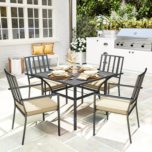 Outsunny 5 Pieces Garden Dining Set with Cushions, Outdoor Patio Table and 4 Stackable Chairs, Metal Top Table with Umbrella Hole, Black