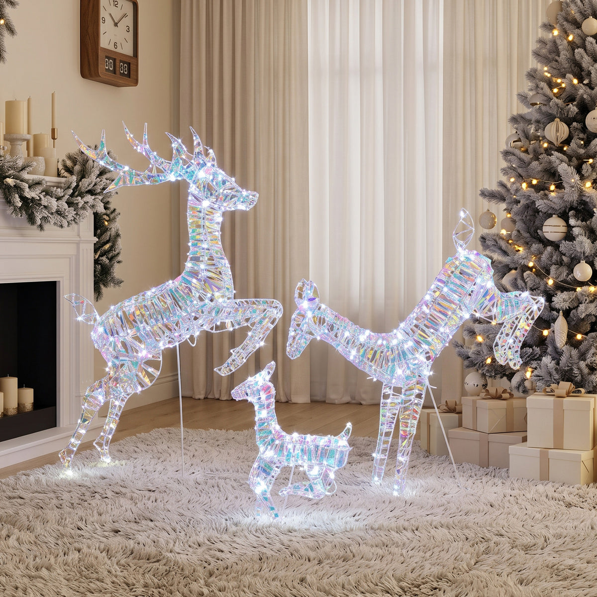 Outsunny 3-Piece Lighted Reindeer Family Set, Iridescent Outdoor Christmas Decoration, Deer Family with 8 Modes, Daily Timer