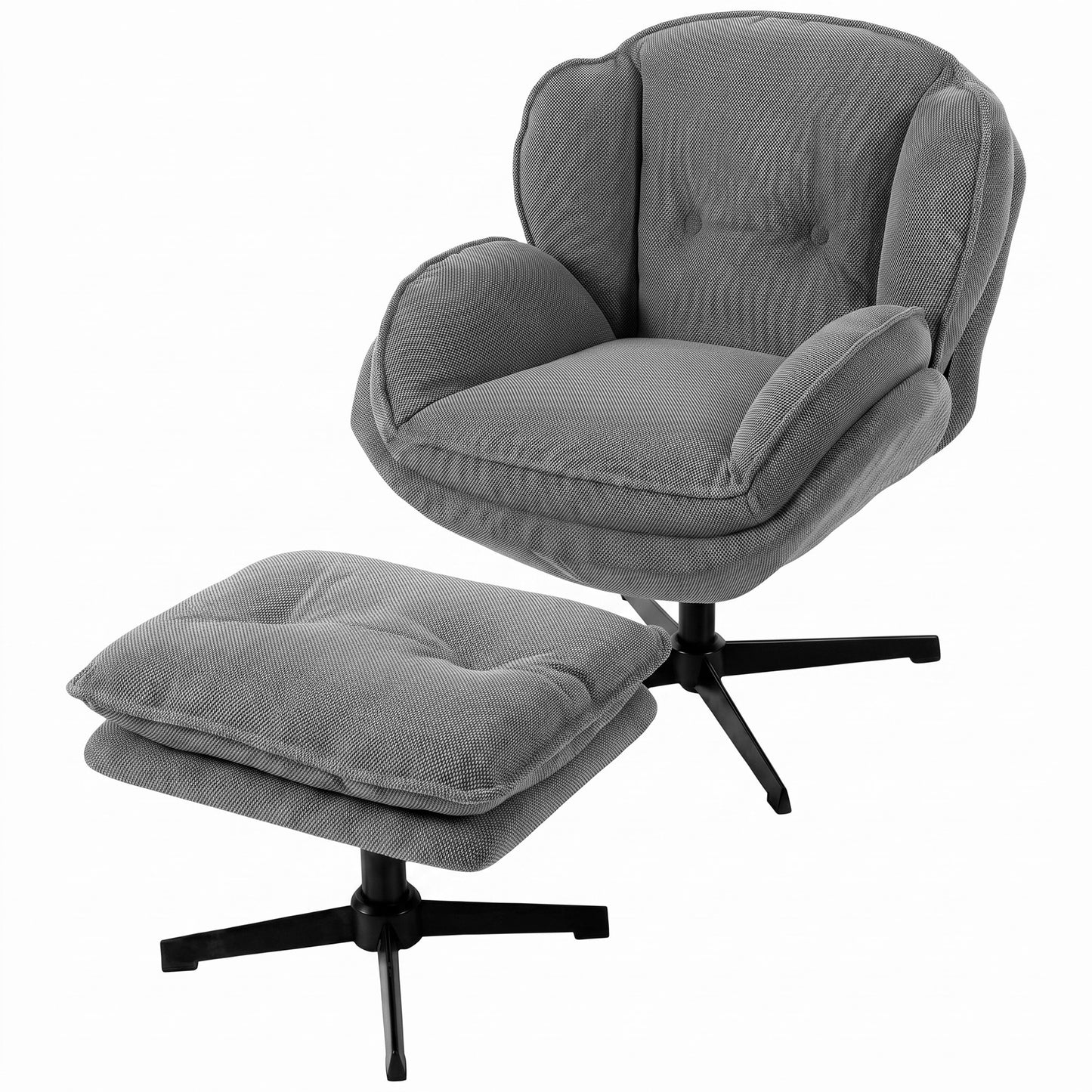 HOMCOM Armchair with Adjustable Footstool, 360° Swivel Chenille Cloud Accent Chair with Thick Cushion, Steel Base, Grey