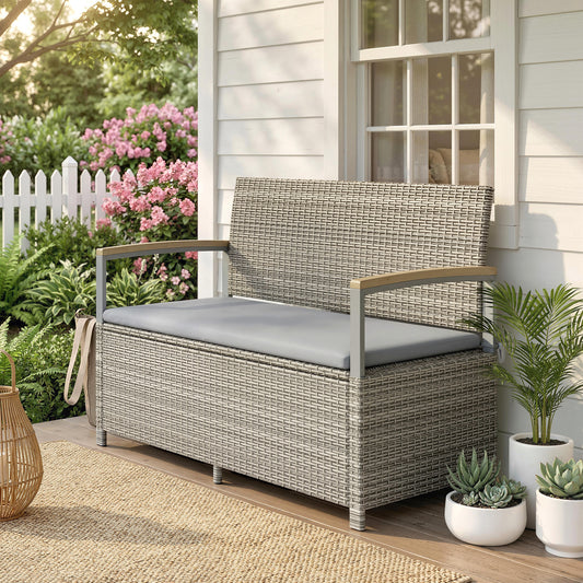 Outsunny 170 L Garden Storage Bench with Zipped Liner, 2 Seater Rattan Garden Bench with Storage, Gas Strut, Cushion, Light Grey