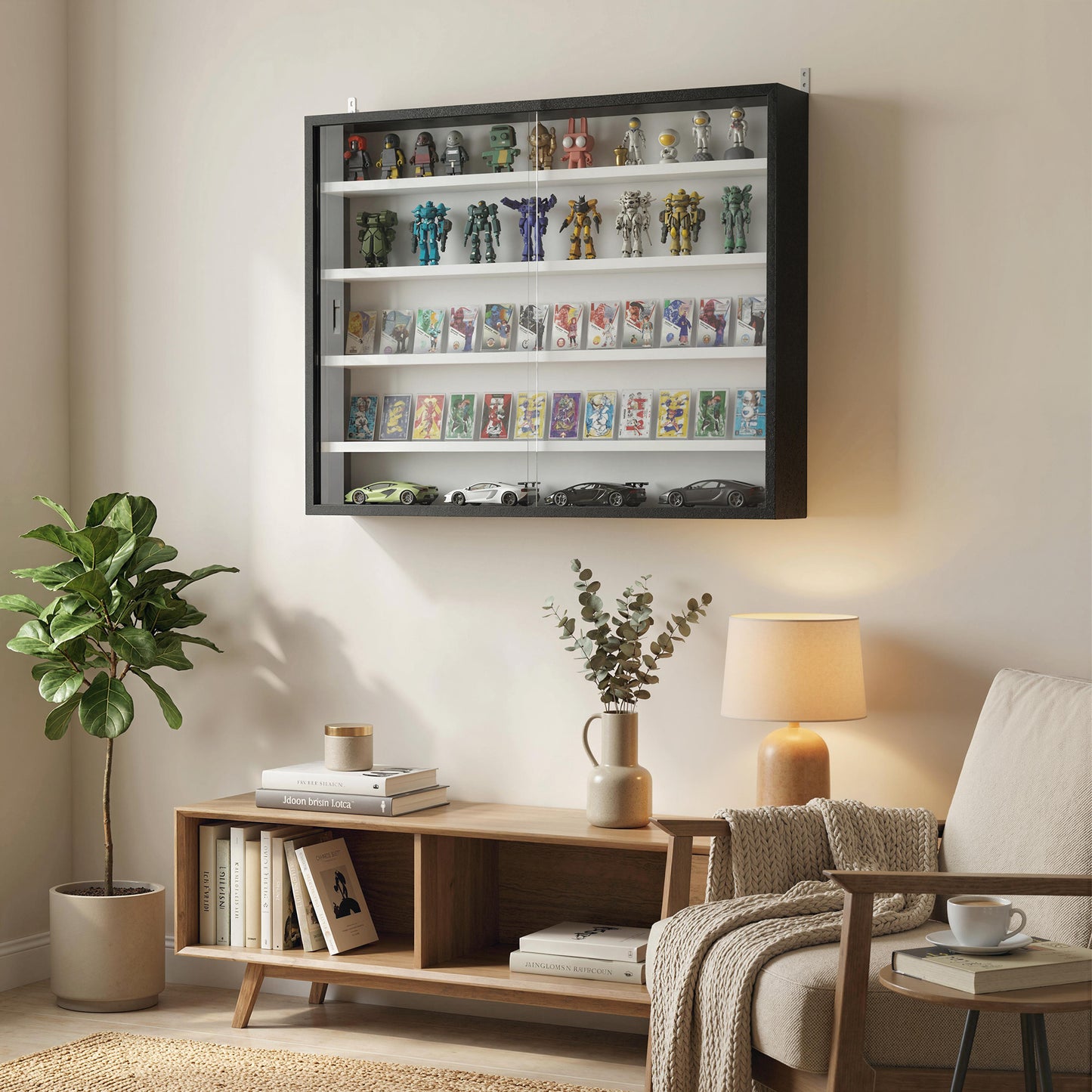 HOMCOM 5-Tier Wall Display Cabinet, Wall Mounted Display Case w/ 4 Adjustable Shelves, Glass Doors, 60x80cm, Black and White