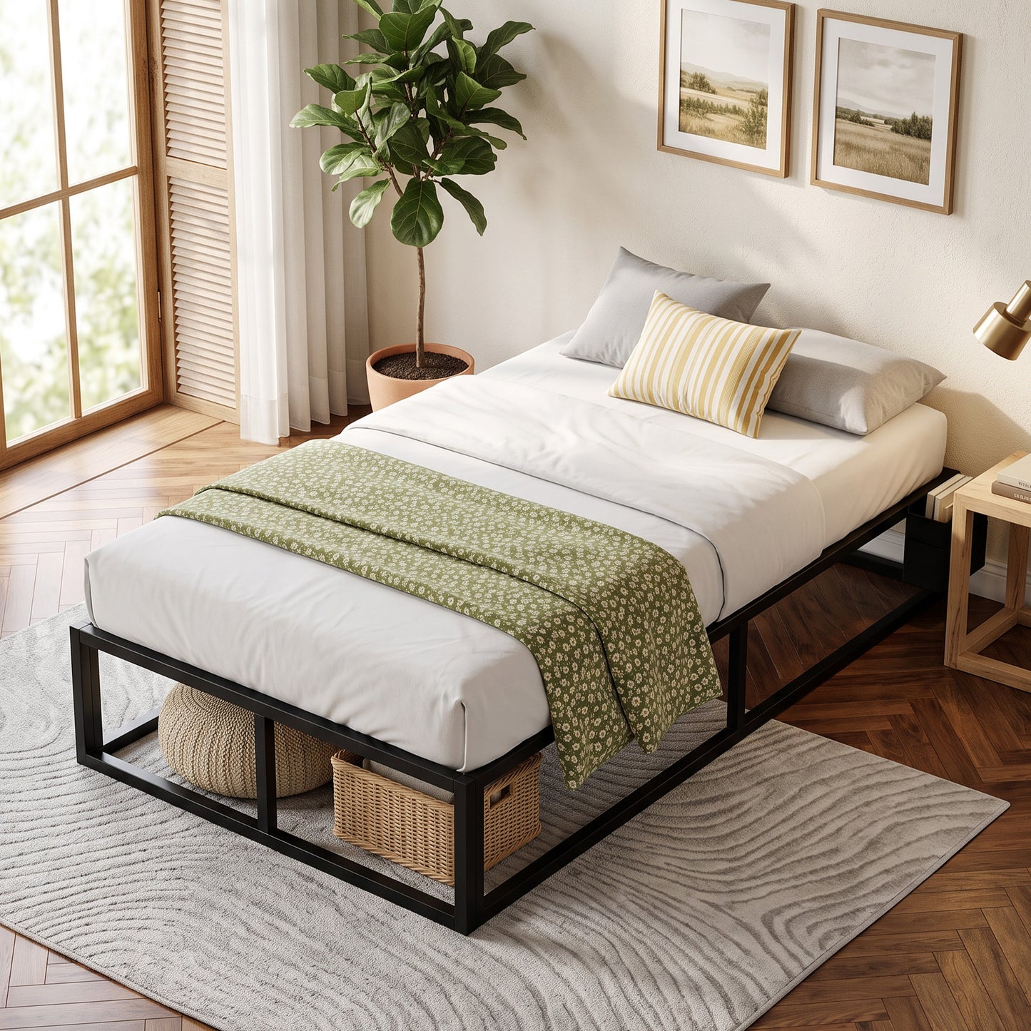 HOMCOM 12 Slats Metal Platform Bed Frame, 3ft Single Bed Frame with Storage Bag and Anti-Slip Pads, Black