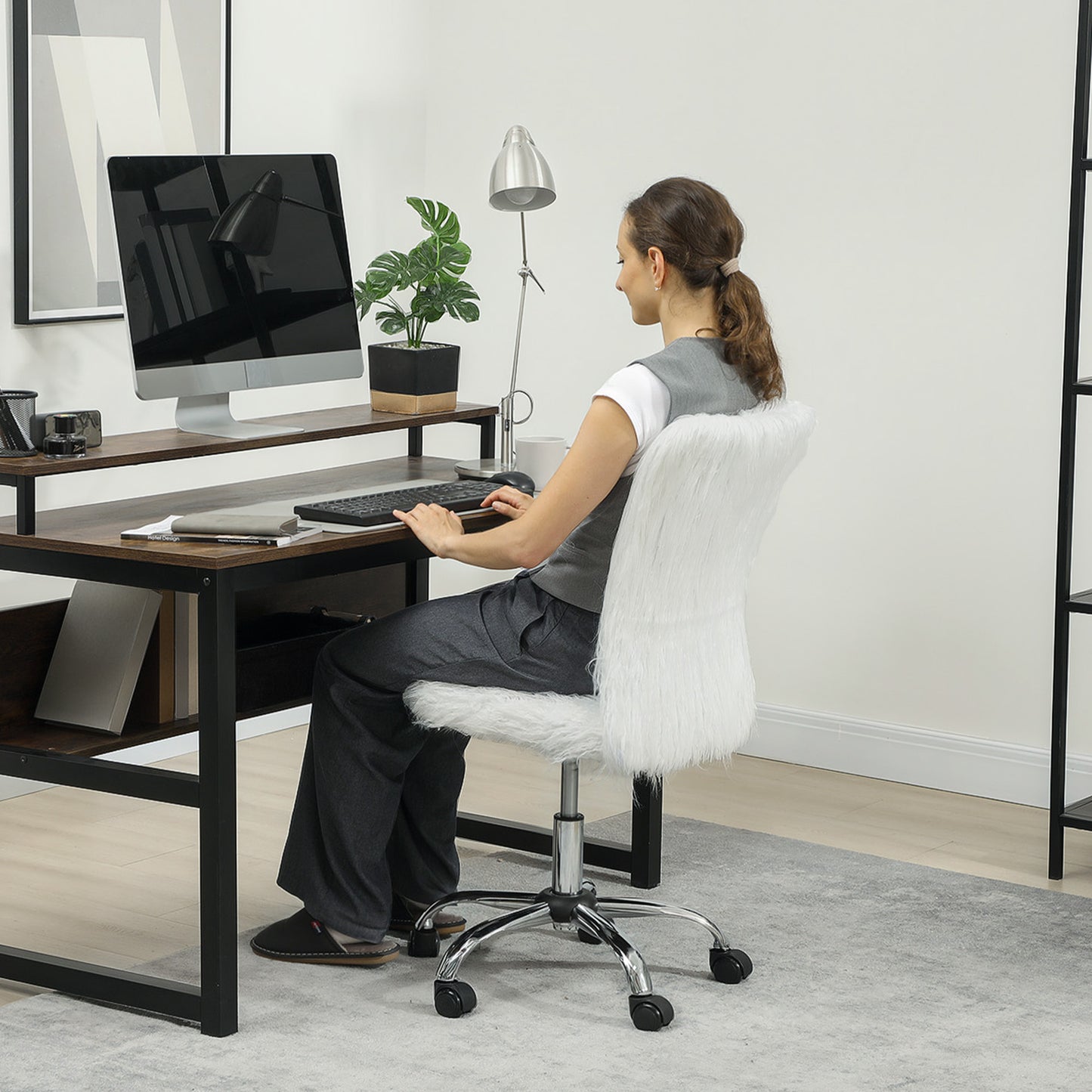 HOMCOM Plush Office Desk Chair, Modern Armless Swivel Vanity Chair with Adjustable Height for Home Office, Bedroom, Living Room, White