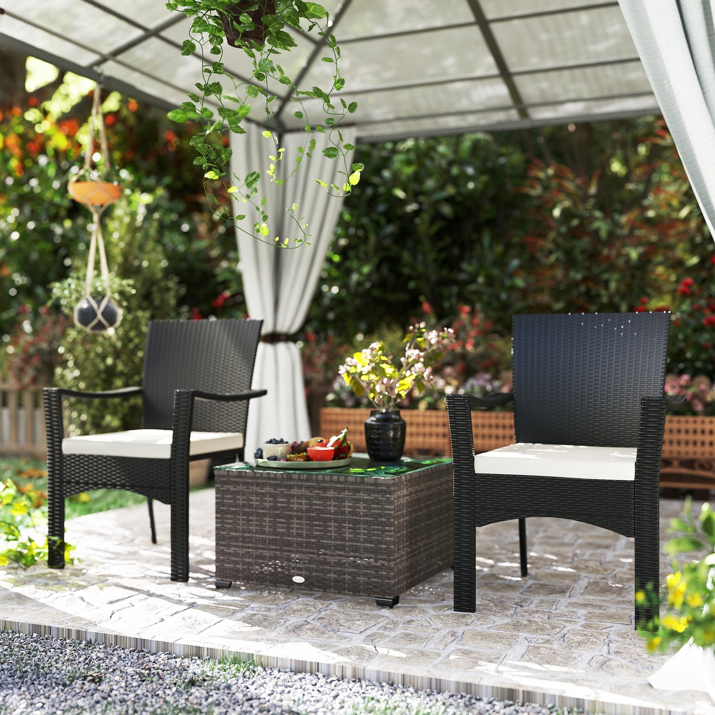 Outsunny 62 x 62cm Glass-Top Rattan Side Table - Dark Grey