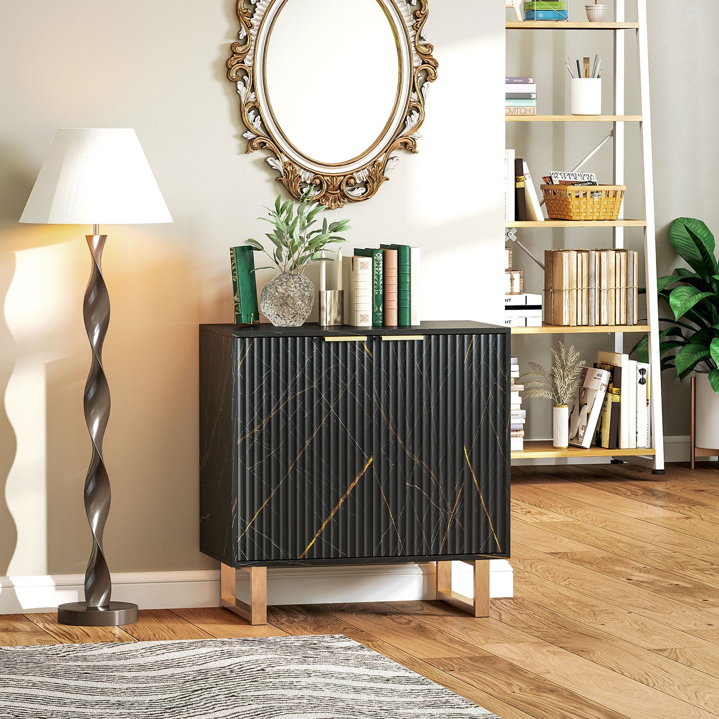 HOMCOM Sideboard, Accent Cabinet with Marble Effect, Adjustable Shelf, Fluted Doors and Drawers, Black