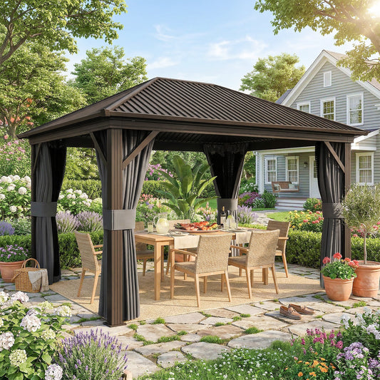 Outsunny 3.6 x 3 m Aluminium Hardtop Gazebo with Smart Drainage System and Ceiling Hooks- Dark Grey