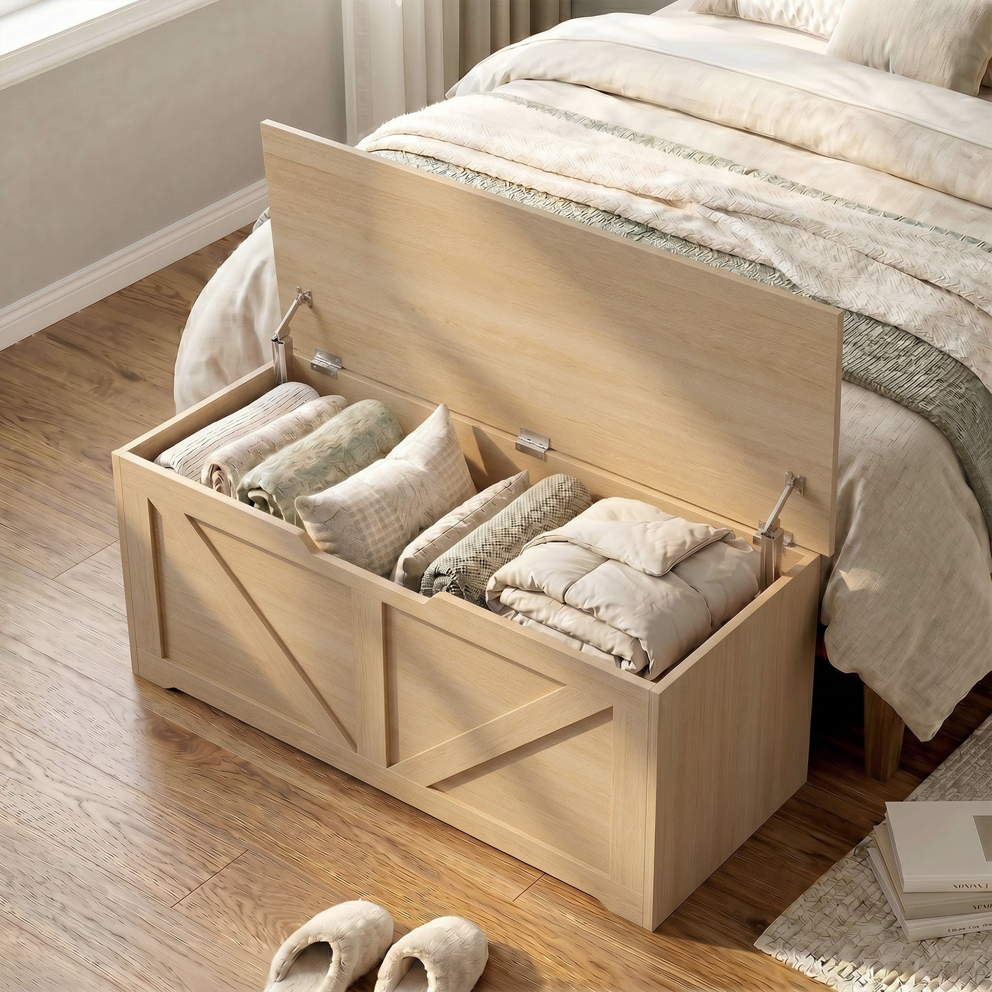 HOMCOM 127L Home Storage Box, with Safety Hinges - Nature Wood Finish