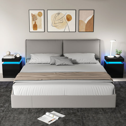 HOMCOM Black Bedside Table with LED Light, High Gloss Front Nightstand with 2 Drawers, for Living Room, Bedroom, Set of 2
