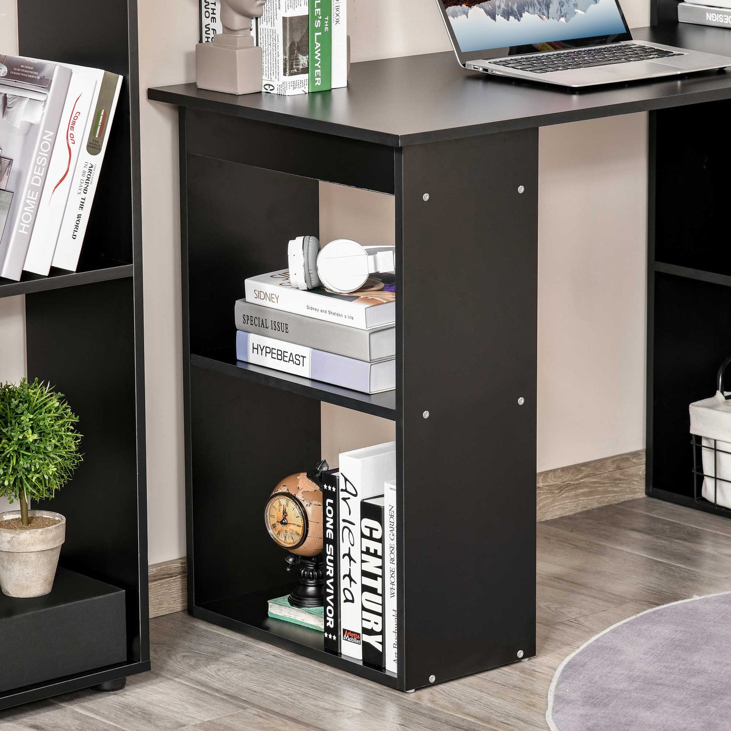 HOMCOM 120cm Computer Desk, Wooden PC Laptop Table with 6-Tier Storage Bookshelves, Home Office Working Study Desk, Writing Workstation, Black