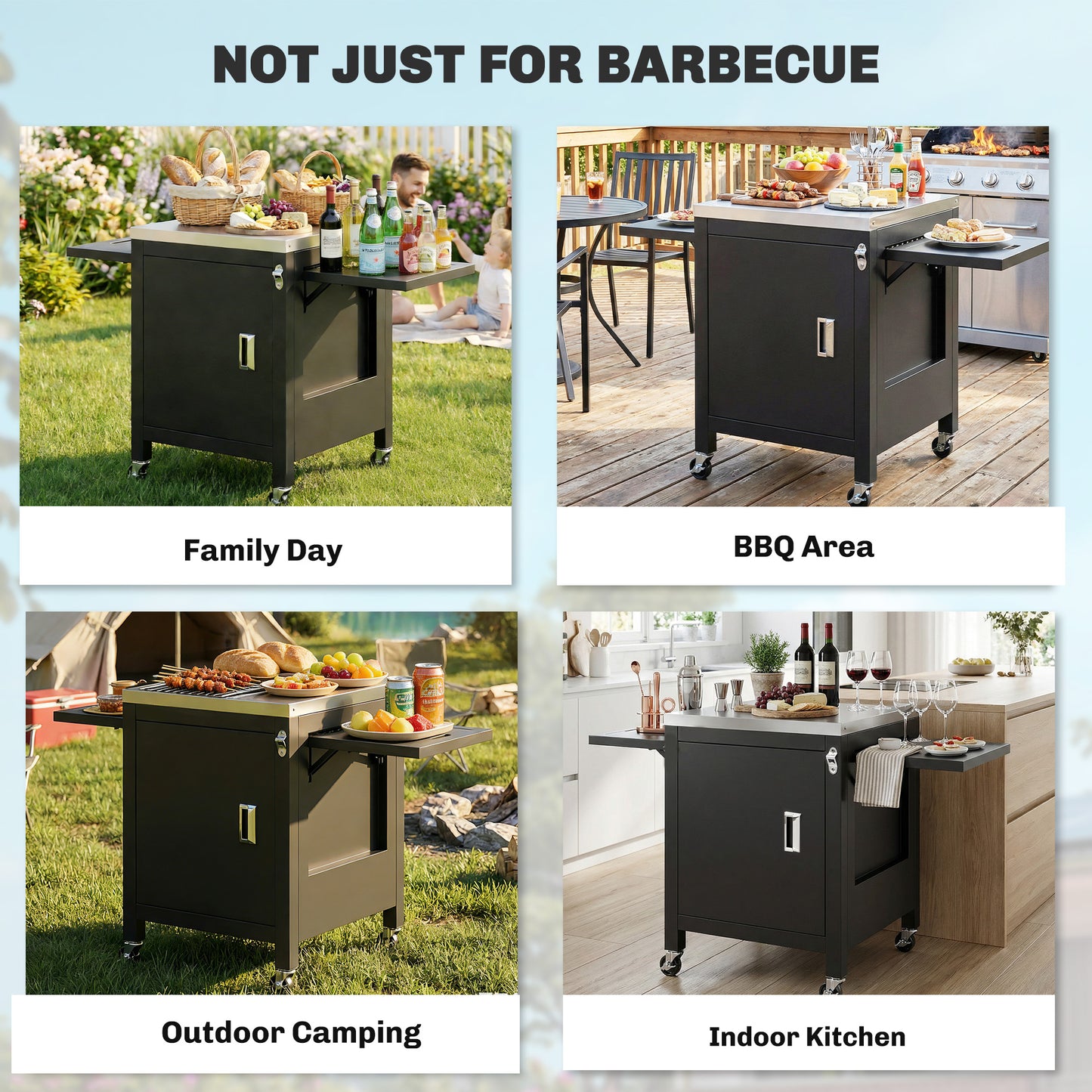Outsunny Outdoor Grill Cart with Stainless Steel Tabletop, BBQ Table with a Cabinet, Towel Holder, Bottle Opener, Black