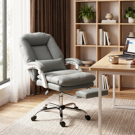 HOMCOM Ergonomic Executive Office Chair, Reclining Desk Chair with Lumbar Support, Footrest, Plush Thick Cushion, Grey