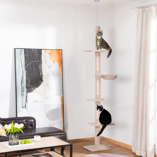 PawHut Floor to Ceiling Cat Tree 230-260cm Height Adjustable, 5-Tier Cat Tower with Scratching Posts, Hammock, Perches, Climbing Activity Centre for Indoor Kittens Playing and Relaxing, Beige