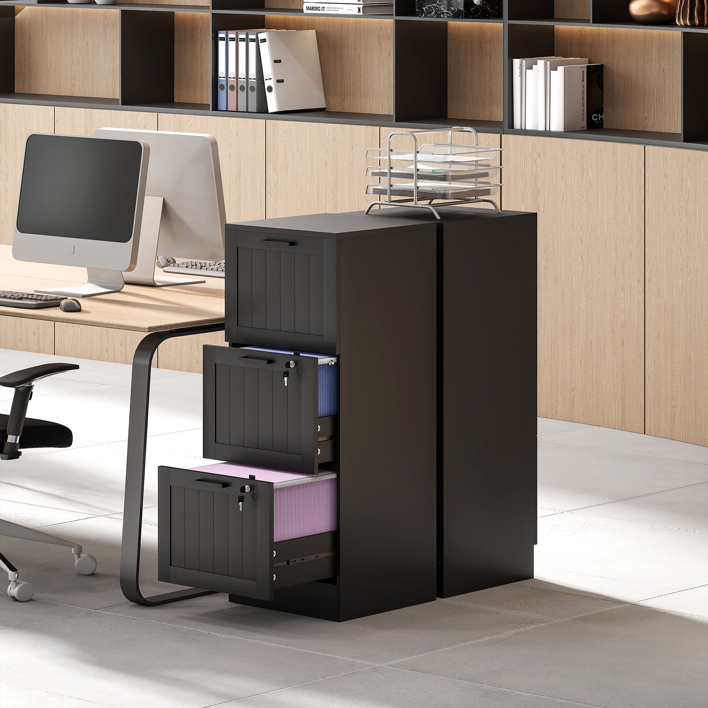 HOMCOM 3 Drawer Filing Cabinet with Lock, Office Storage Cabinet with Adjustable Hanging Bars for A4 Letter Size Files, Black