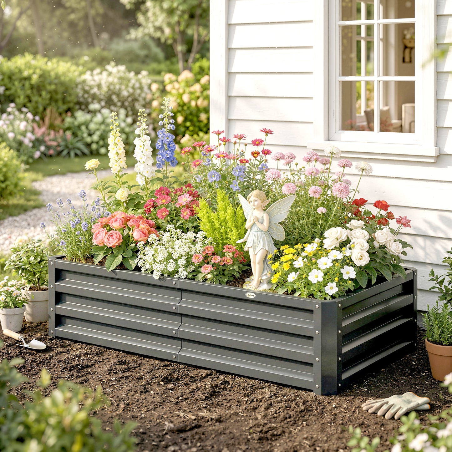 Outsunny Rectangle Raised Garden Bed Box with Weatherized Steel Frame for Vegetables, Flowers, & Herbs, 120 cm x 60 cm x 30.5 cm, Light Grey