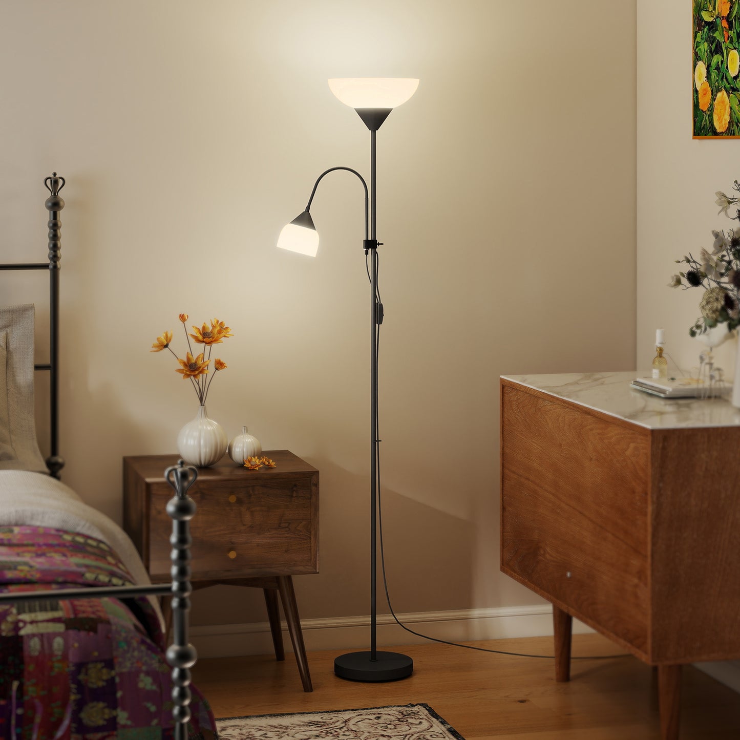 HOMCOM LED Floor Lamp for Living Room, 180cm Tall Standing Lamp, Mother and Child Uplighter with Adjustable Gooseneck, Black