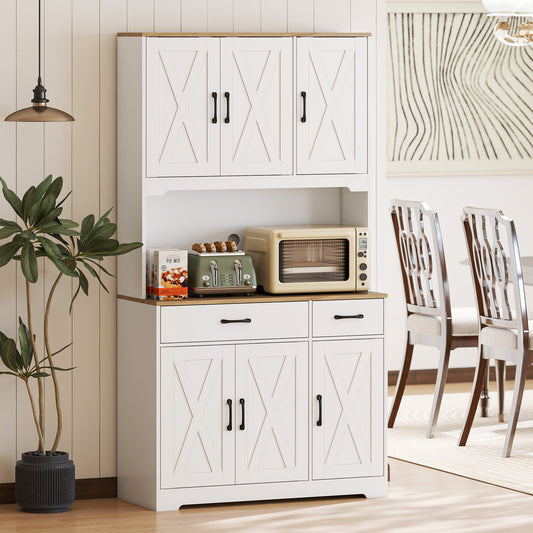 HOMCOM 175 cm Tall Kitchen Pantry Cabinet with Microwave Stand, Freestanding Pantry Cupboard, White