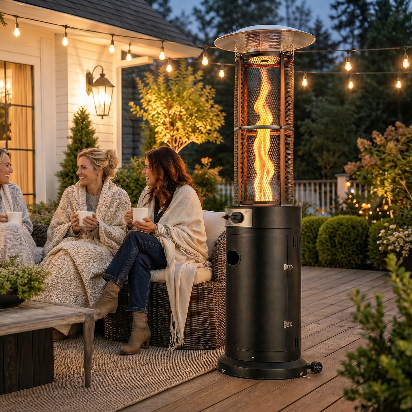 Outsunny 11 KW Freestanding Gas Patio Heater, Adjustable Outdoor Garden Propane Heater with Tip-Over Switch, Wheels, Pulse Ignition, Tank Room with Openable Door, Black