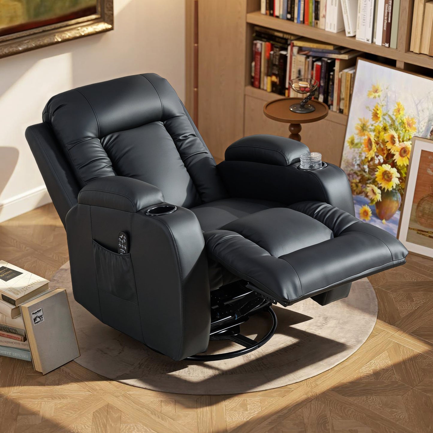 HOMCOM PU Leather Recliner Chair, Recliner Armchair with Extended Footrest, Cup Holders and Side Pockets, Black