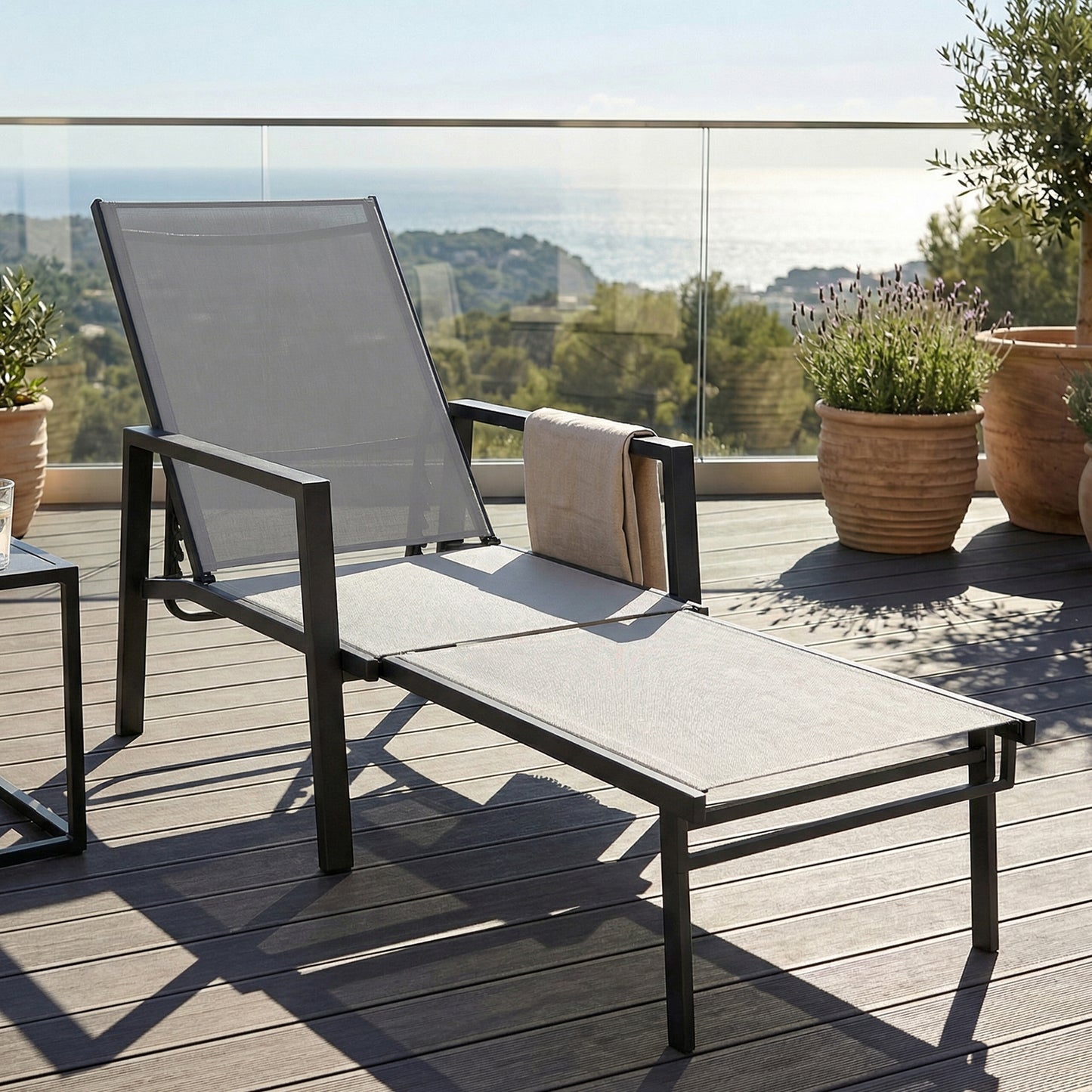 Outsunny Sun Lounger Retracable Footrest 5-Position Adjustable Steel Frame for Beach, Porch, Patio, Camping, Dark Grey