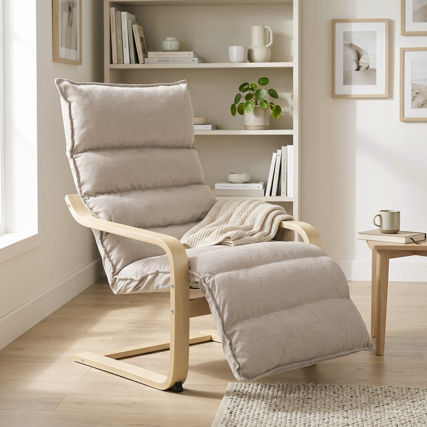 HOMCOM Curved Wooden Accent Chair, Armchair with Adjustable Footrest, Light Brown