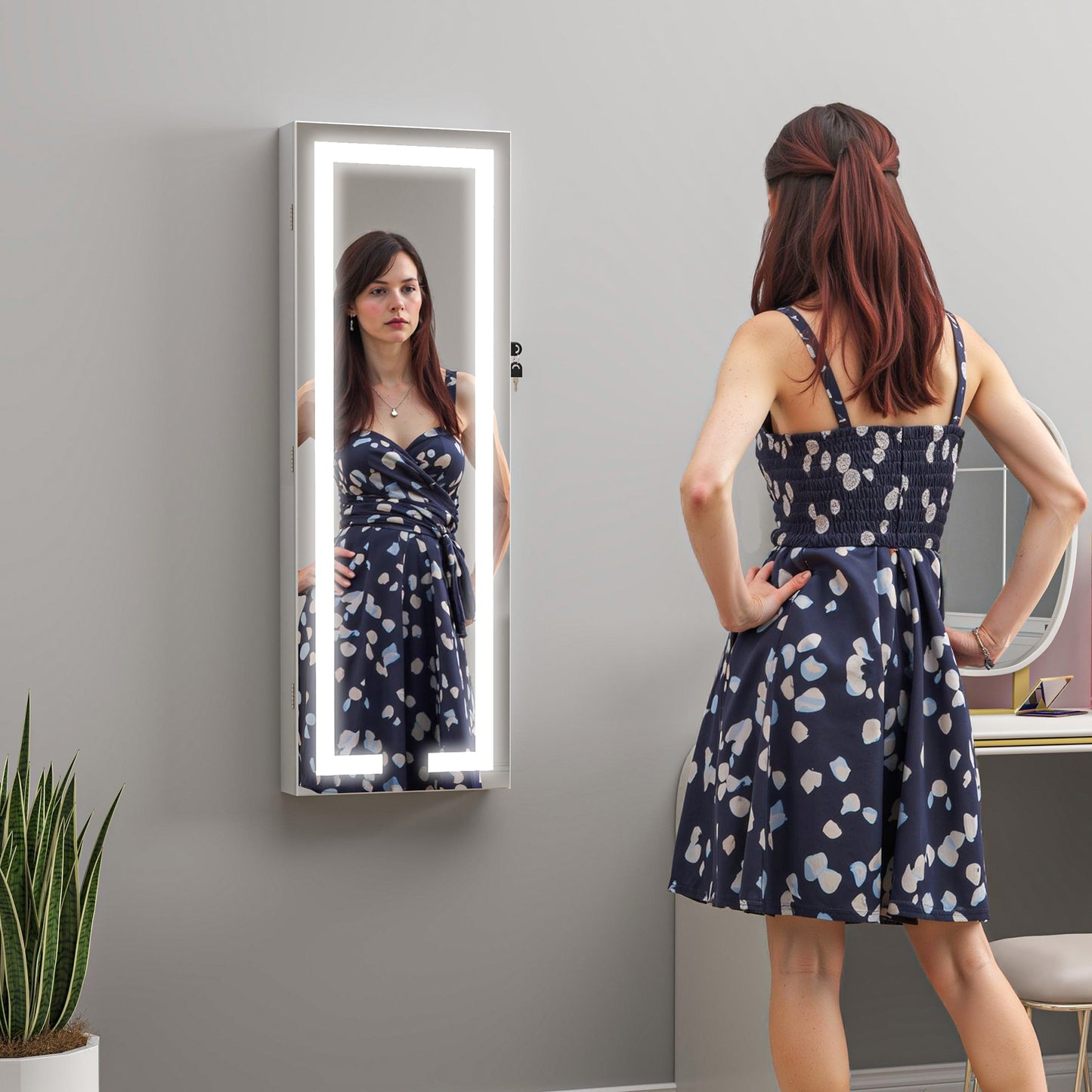 HOMCOM LED Mirror Jewellery Cabinet, Wall Mounted Full Length Mirror with Storage, Lockable Jewellery Organiser, White