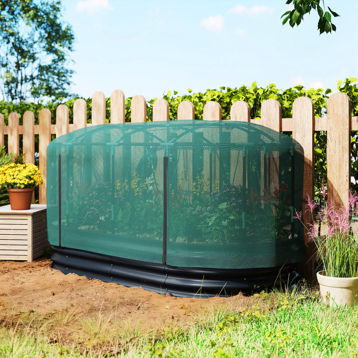 Outsunny Galvanised Raised Garden Bed Kit with Self Watering System and Mesh Cover, Garden Boxes, 6x3Ft, Dark Grey and Green