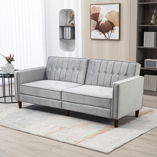 HOMCOM Modern Convertible Sofa Futon Velvet-Touch Tufted Couch with Adjustable Split Back, Light Grey