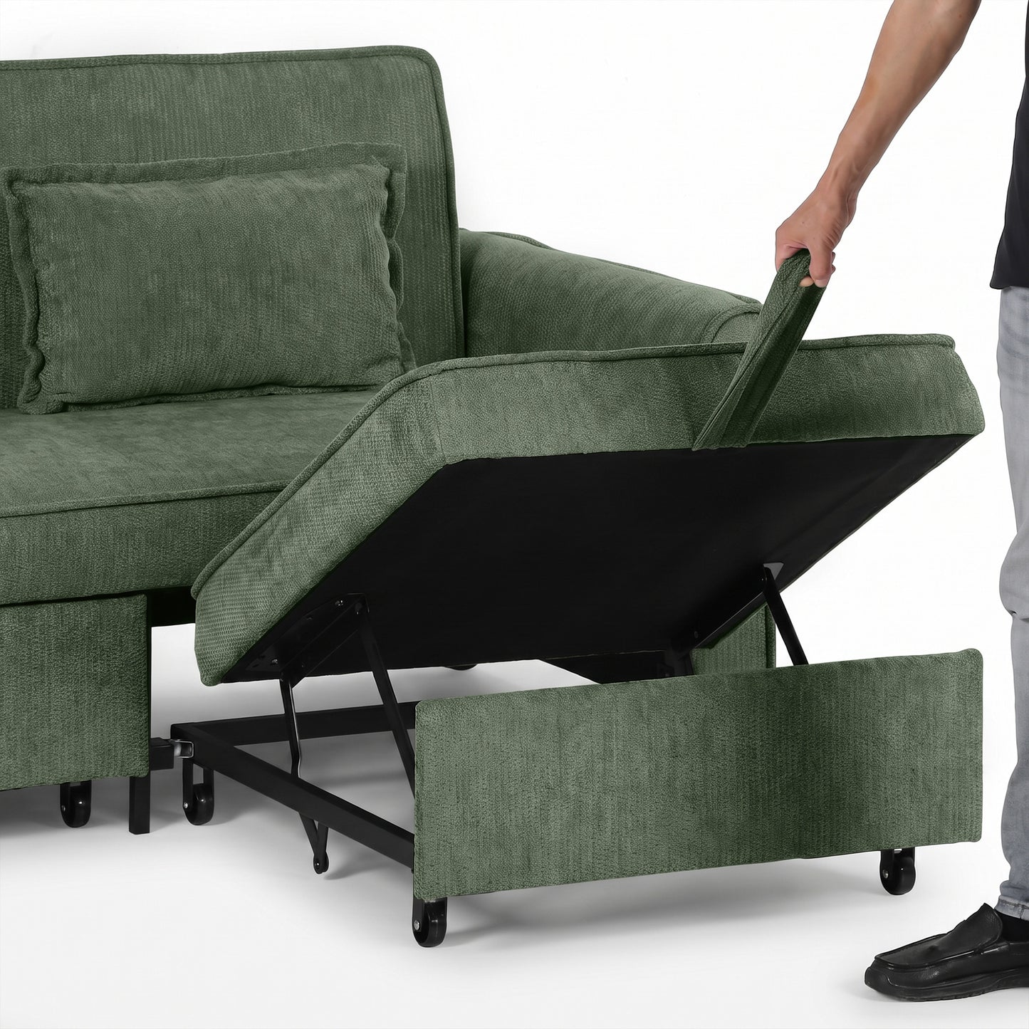 HOMCOM 2 Seater Sofa Bed, 4-in-1 L-Shaped Convertible Pull-Out Sleeper Sofa with Adjustable Backrest Side Pockets, Dark Green