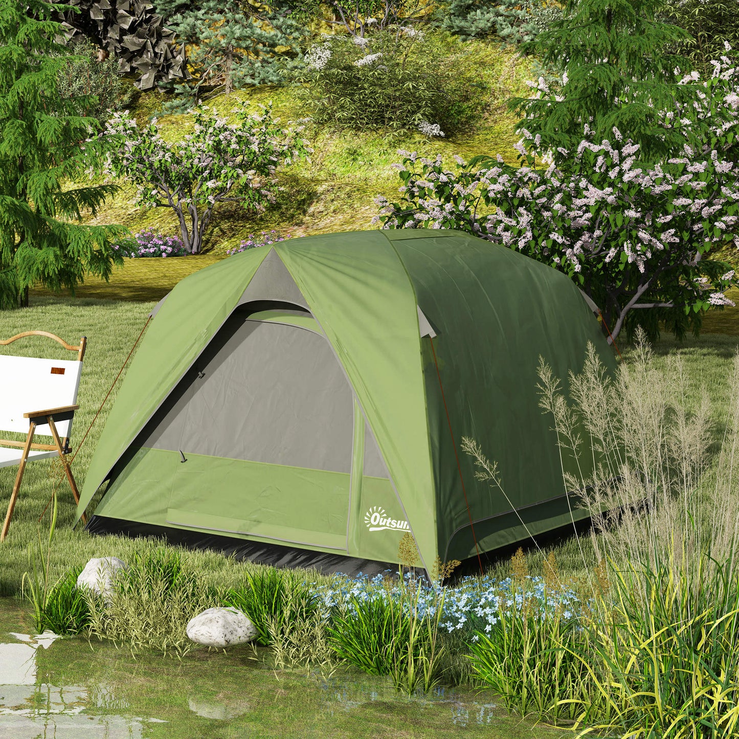 Outsunny 3-4 Person Camping Tent, Easy Set Up Waterproof Dome Tent with Sewn-in Groundsheet, Mesh Windows, Pocket and Hook for Camping, Hiking, Backpacking, Olive Green and Grey
