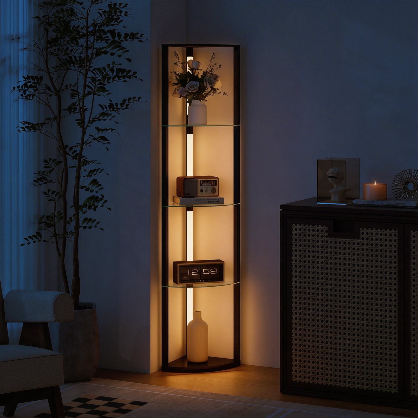 HOMCOM LED Floor Lamp with Shelves, Dimmable Standing Lamp with Foot Switch for Living Room, Bedroom, Black