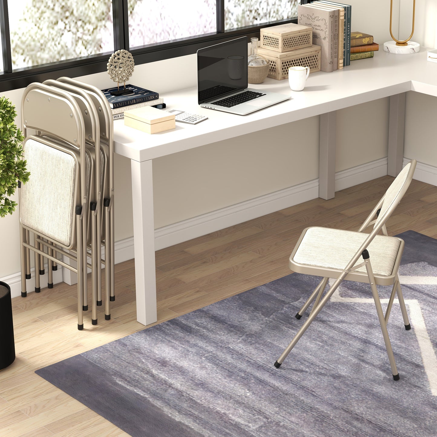 HOMCOM Linen-Look Set of Four Cushioned Folding Chairs - Beige