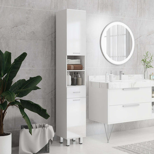 kleankin 71" Tall Slim Bathroom Storage Cabinet, Tall Narrow Cupboard with Drawer, Open Shelves, 2 Doors Cabinets and Adjustable Shelves for Kitchen, Hallway, Living Room, High Gloss White