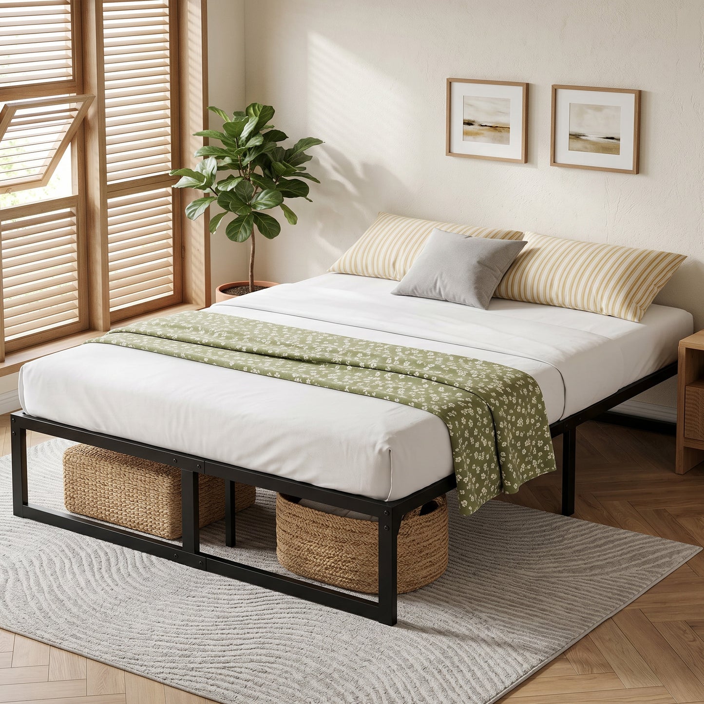 HOMCOM 4ft6 Double Bed Frame with Underbed Storage and Steel Slat Support, 32.5 cm Height, Noise-Free, Black