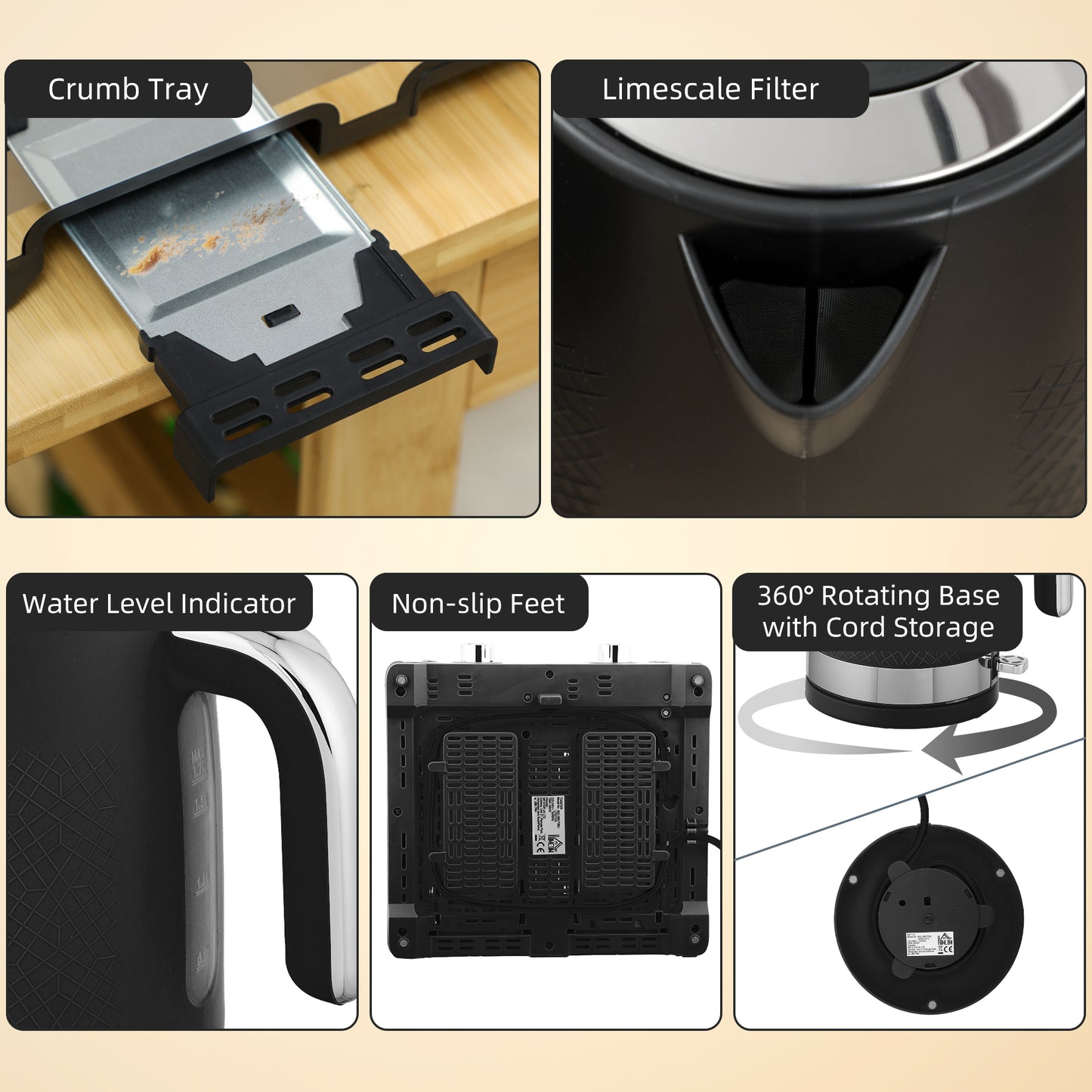 HOMCOM Sleek Textured Kettle and Four-Slice Toaster Set - Black--ChewyGames-ChewyGames
