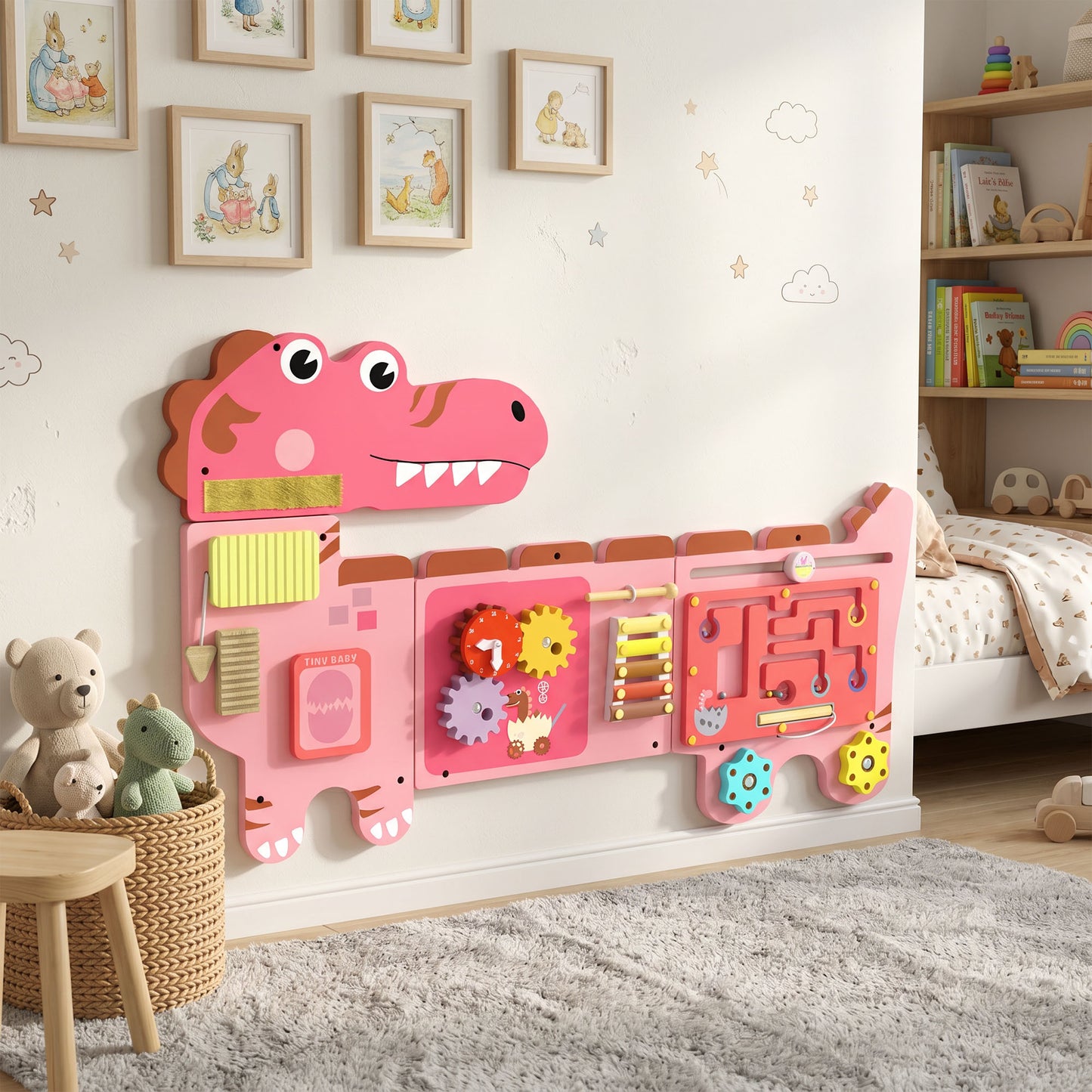 AIYAPLAY Busy Board Panels, Wall Mounted Montessori Inspired Busy Board, Toddler Learning Centre Dinosaur Theme, Pink