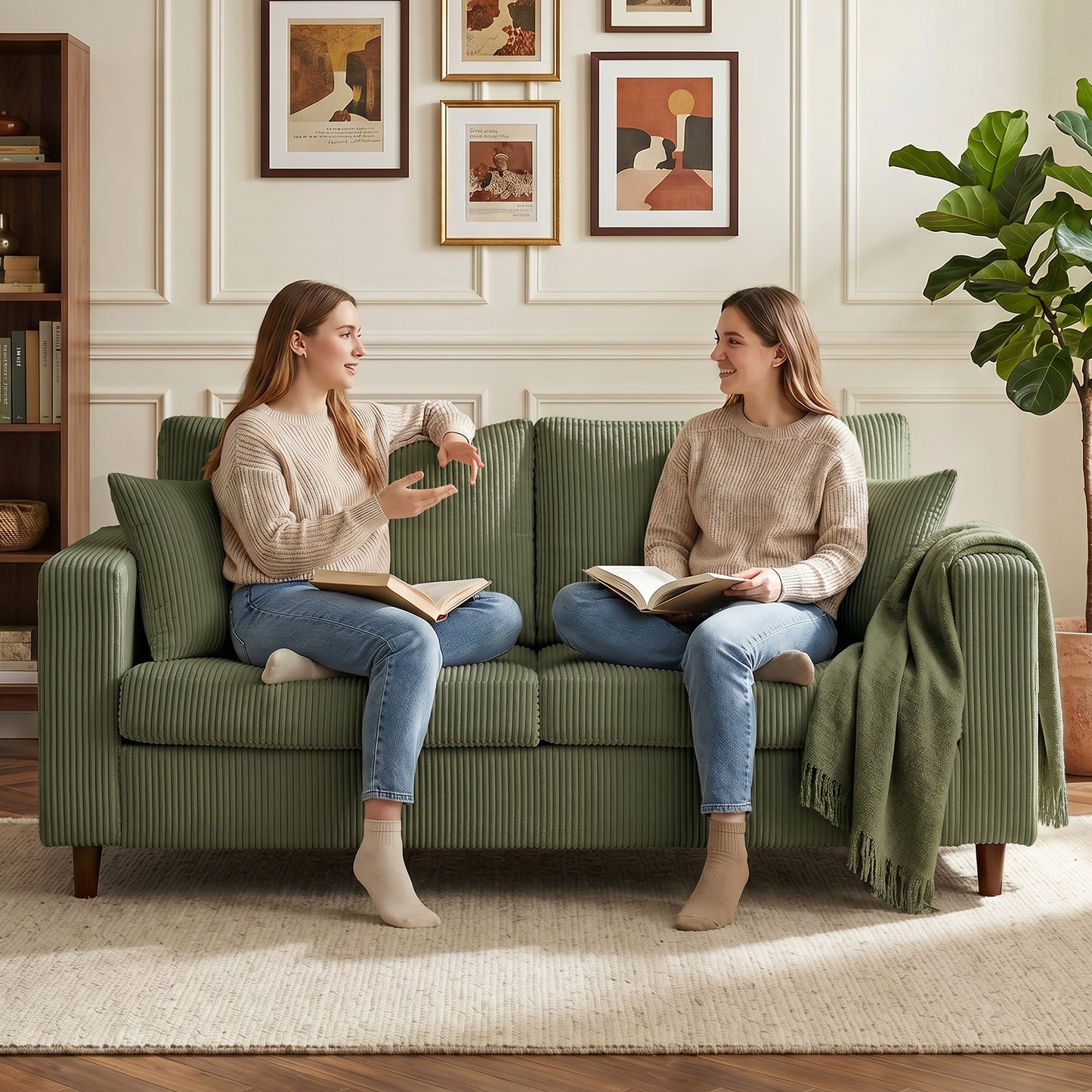 HOMCOM Loveseat Sofa with Wide Seat, Corduroy 2 Seater Couch with Deep Seat, Spring Cushion, Green