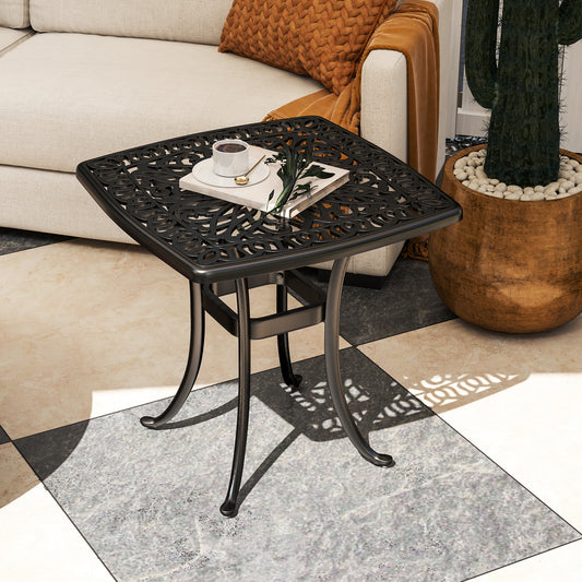 Outsunny Outdoor Garden Table, Cast Aluminium Patio End Table with Umbrella Hole and Anti-slip Foot Pads for Garden, Patio, Balcony, 54 x 54 cm, Black